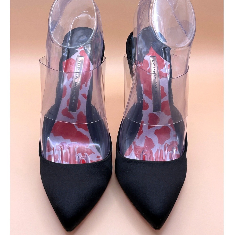 Sophia Webster Black Satin Rosita Mule Petal Print PVC Pump Heels Size 37.5 - Picture 2 of 12